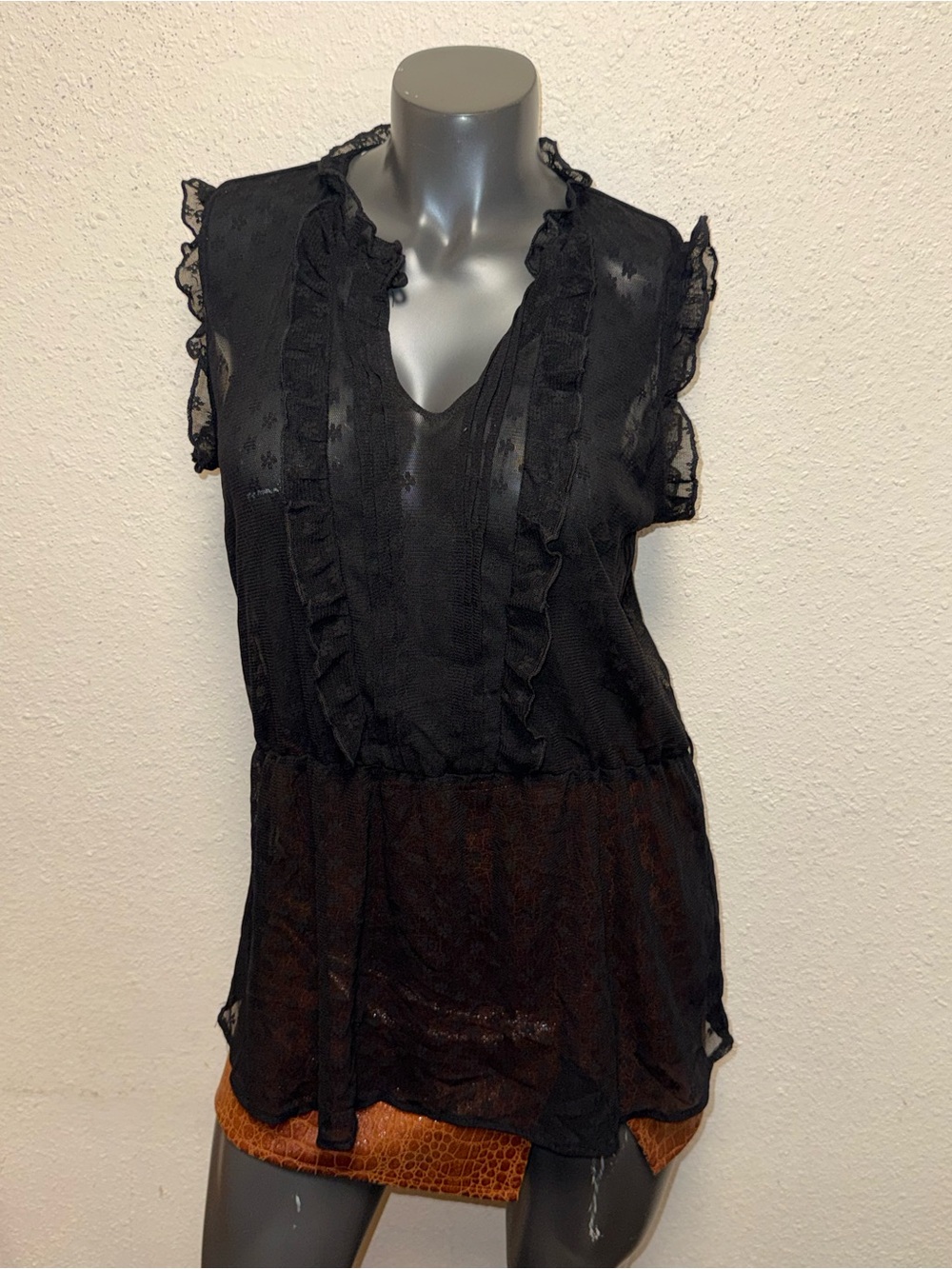 Sam & Max Black Ruffle V-Neck Sheer Sleeveless Blouse